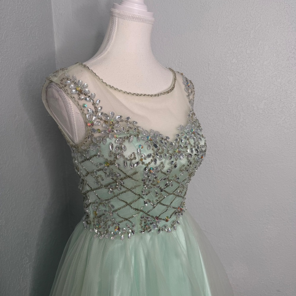Clarisse Mint Beaded Homecoming Dress Size 2 Illusion Neck Rhinestone Fit Flare - Picture 3 of 14